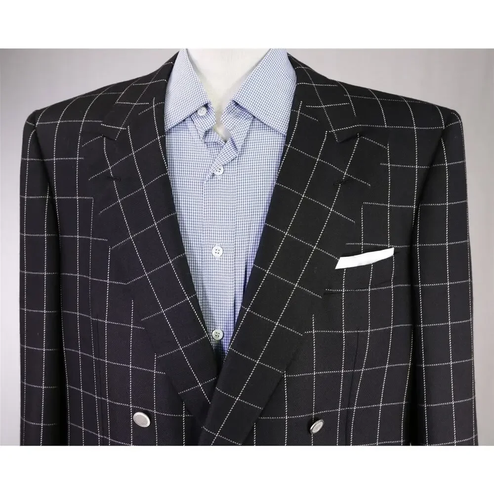 d'Avenza Roma Black Windowpane Wool Silk Double Breasted Blazer Jacket 44R